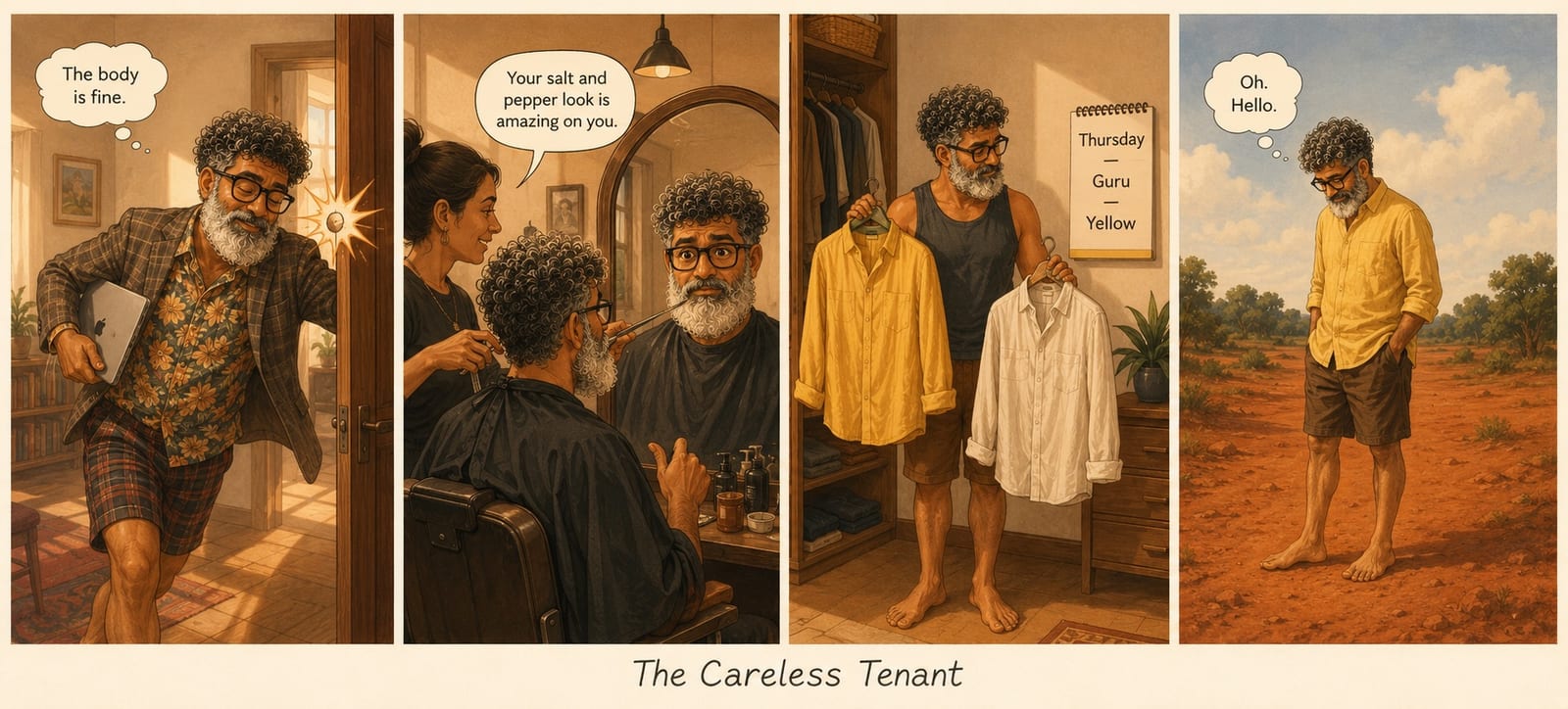 An illustrated strip following the essay's arc — a tall bearded man rushing through life in mismatched clothes, bumping into door frames; sitting in a barber's chair unable to receive a compliment in the mirror; pausing in front of his wardrobe on a Thursday, a yellow shirt in hand, a calendar on the wall showing Guru's day; and finally standing barefoot on the red earth of Auroville, looking down at his feet for the first time.