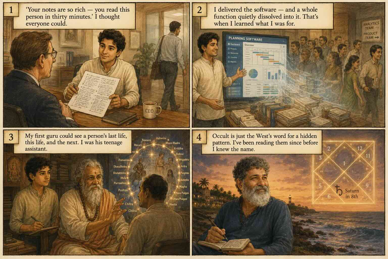 An illustrated strip — a young man handing a CEO a page of unusually rich interview notes about a candidate, the CEO raising an eyebrow in surprise; the same man launching a planning software as an entire twenty-five-person team's work quietly dissolves into the screen behind him; a teenage version of him assisting an occultist guru who gazes at a visitor and perceives the twenty-seven stars and past-and-future lives around them; and finally the grown man calm by a quiet coastline at dusk, a birth chart with Saturn in the eighth house glowing softly beside him, at home in the hidden.
