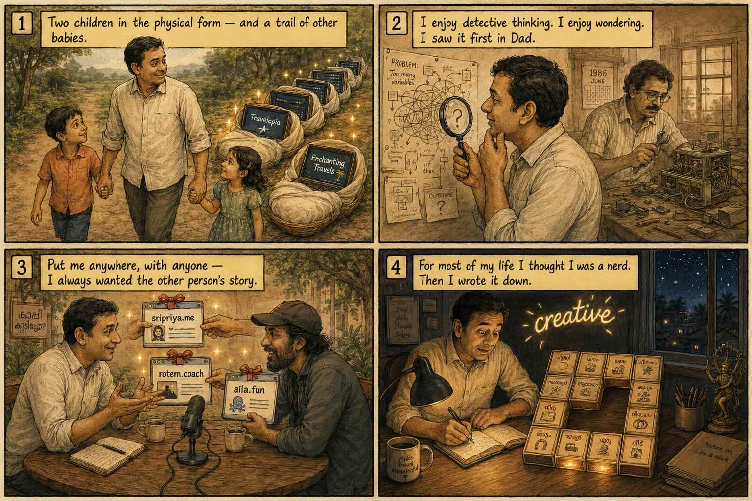 An illustrated strip — a father with two children and a trail of project 'babies' behind him, a man interviewing a stranger with delighted curiosity, hands building websites for others, a house move improvised on the fly, and a self-declared nerd looking surprised at the word 'creative' hovering over his head.