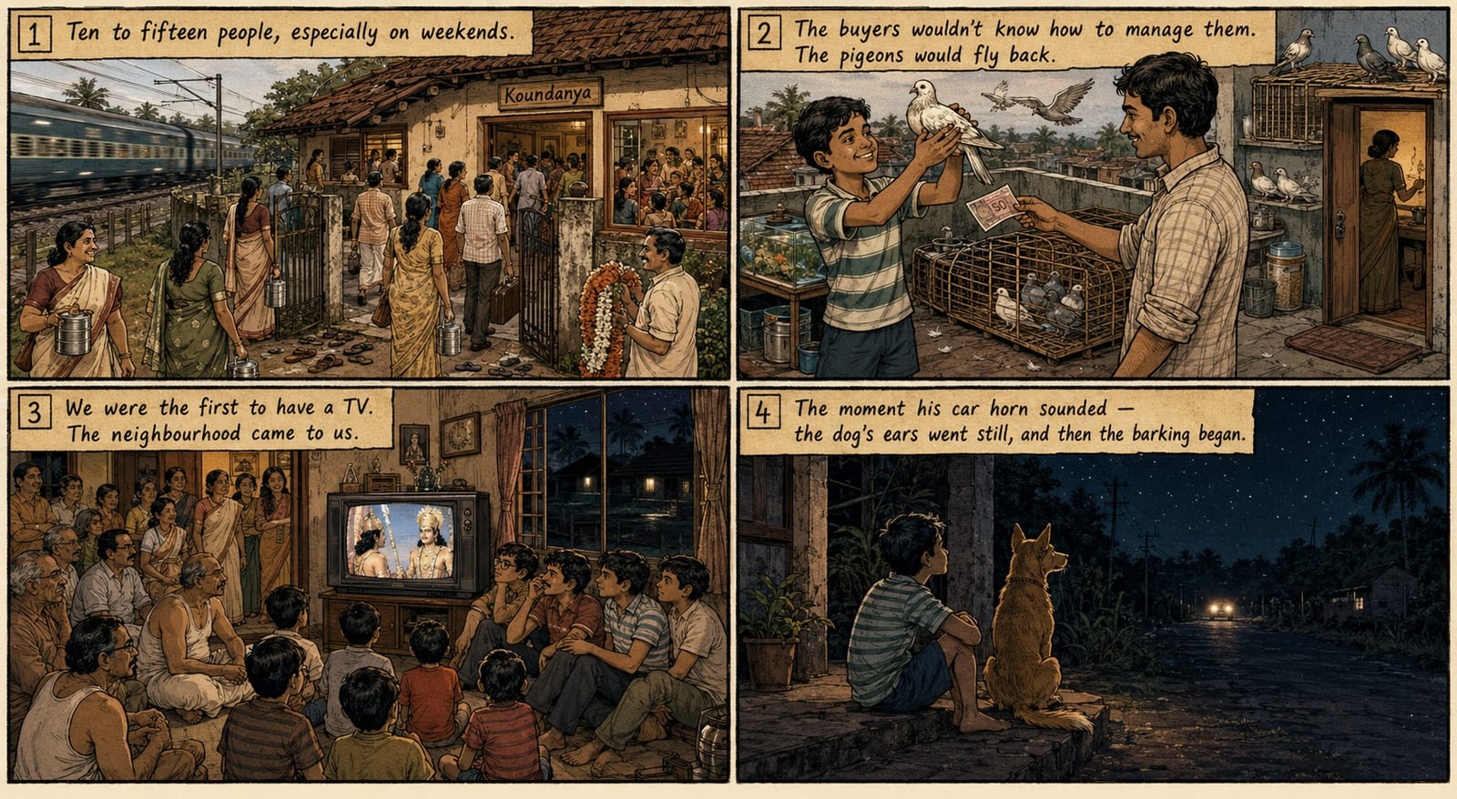 An illustrated strip — a crowded Kerala house buzzing with relatives, a terrace pigeon den, a neighbourhood gathering around the first TV on the street, a boy by the roadside watching stars during load shedding, and a quiet youngest son watching his father's car arrive, the dog's ears already perked.