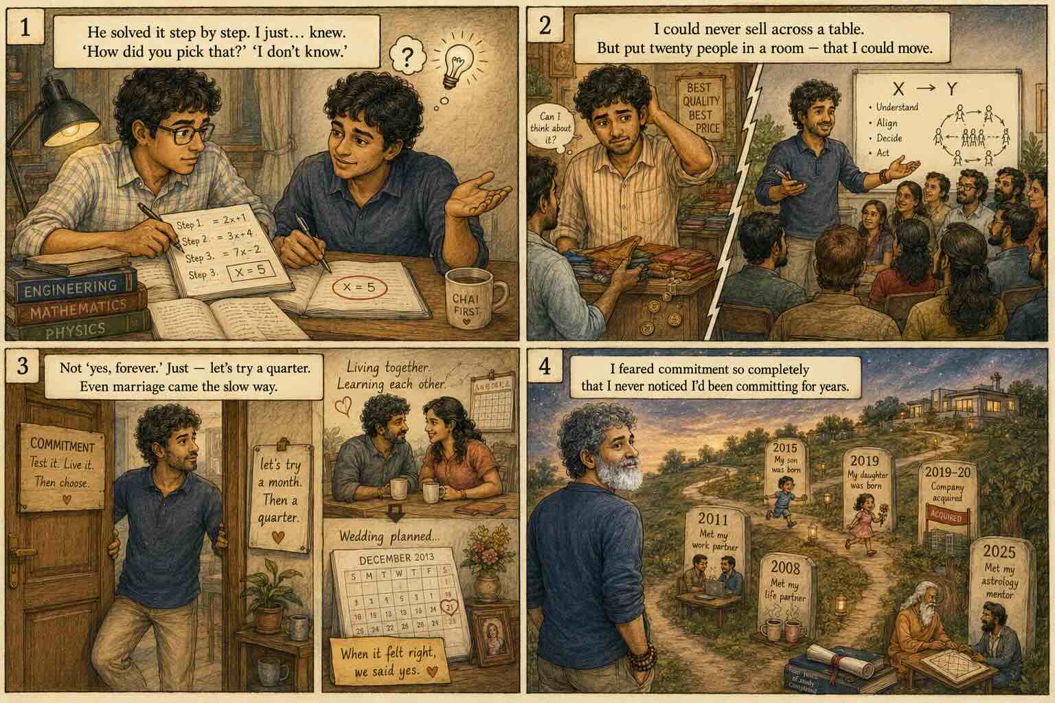 An illustrated strip — two engineering students studying together by lamplight, one solving by neat logical steps while the other shrugs 'I don't know' over an answer he reached by instinct; the same man unable to sell anything across a market table yet effortlessly moving a room of twenty people toward a shared decision; a couple living together with a wedding only later on the calendar; and finally a nervous figure at a doorway marked 'commitment' looking back at a long trail of years — 2011, 2013, 2018 — he had already quietly stayed.