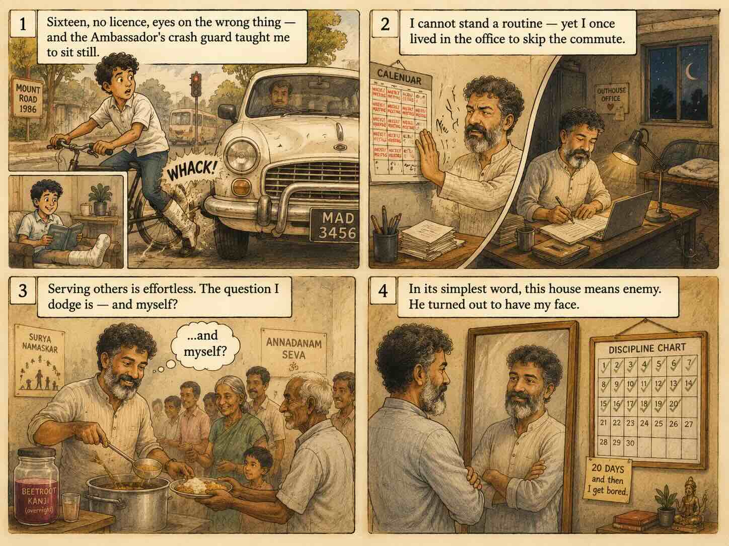 An illustrated strip — a teenage boy on a bicycle glancing back at girls and colliding with the steel crash guard of an Ambassador car; the same boy, leg in a cast, sitting on a sofa and discovering for the first time that he can study; a man wincing at a wall calendar full of repeating weekly meetings; a hermit working long hours alone in a tiny office outhouse; a figure cooking Annadanam and serving others while a small thought-bubble asks 'and myself?'; and finally a man facing a mirror where his own reflection is the enemy he must overcome.