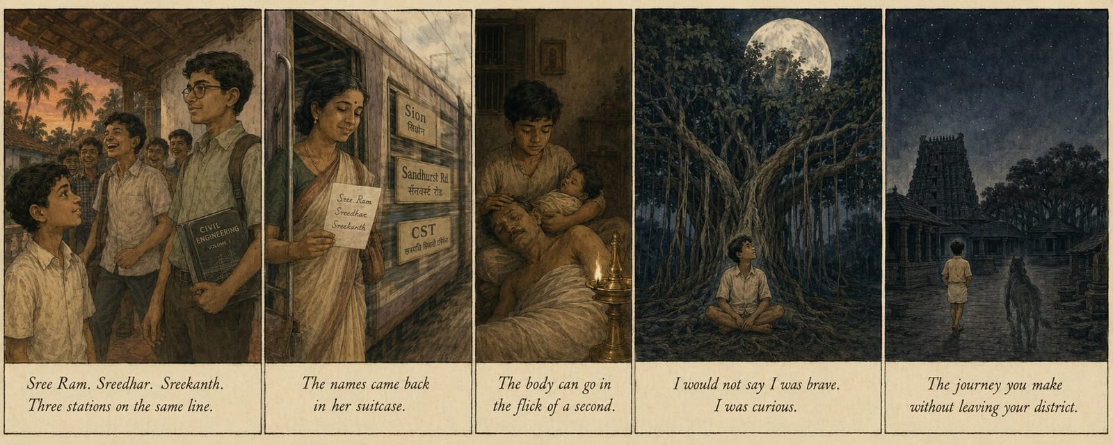 An illustrated strip — three brothers on a Kerala verandah, an aunt's house in Coimbatore, an uncle dying in a teenager's lap with a baby cousin still in his arms, a banyan tree at one in the morning with a boy quietly sitting under it, and a dark Shiva temple complex at night with a small figure walking through.