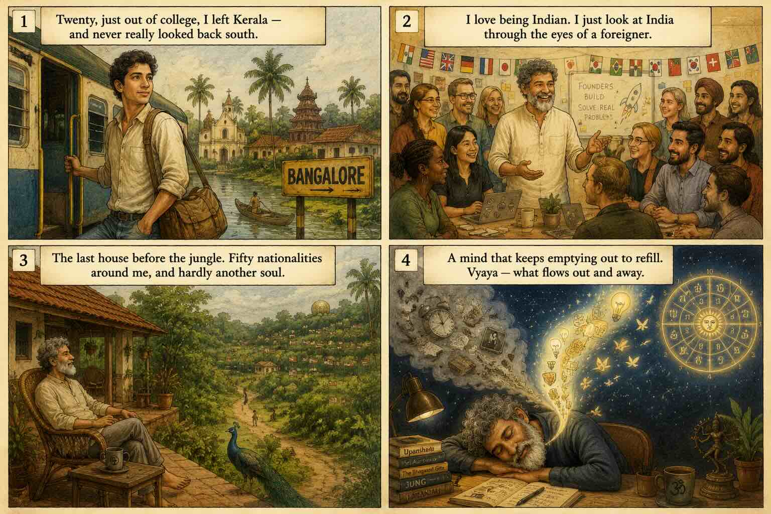 An illustrated strip — a young man of twenty leaving Kerala with a single bag, boarding a bus toward Bangalore as his hometown recedes; the same man standing in an office of many flags and faces, delighted, among colleagues of twenty different nationalities; his present-day home shown as the very last house at the edge of an Auroville jungle, peacocks nearby and hardly another soul, fifty national flags dotting the village around it; and finally the man asleep, a thought-bubble pouring out a stream of new ideas into the night sky while older ones drift away and dissolve — what flows out and away.