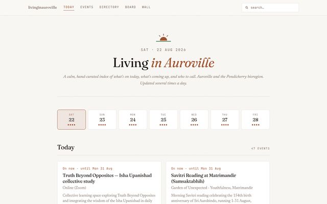 Screenshot of the Living in Auroville homepage