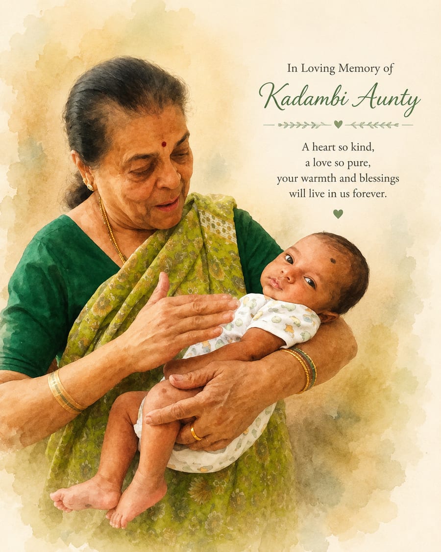 A watercolour portrait of Kadambi aunty in a green sari, smiling down at a newborn cradled in her arms, beside the inscription: In loving memory of Kadambi Aunty — a heart so kind, a love so pure, your warmth and blessings will live in us forever.