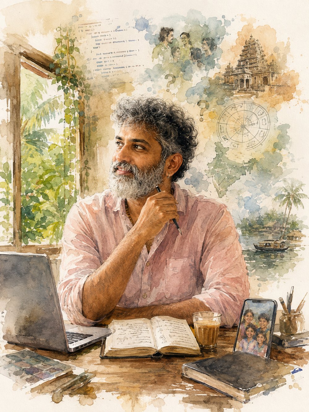 A watercolour of a greying, bearded man in a rolled-sleeve cotton shirt at a wooden table with a laptop, an open handwritten notebook, a glass of chai and a phone showing children; through the window behind him, green foliage; around him float painted fragments of code, faces, question marks, a temple gopuram, a Jyotisha chart and Kerala backwaters. He is not looking at the laptop — his gaze is off to the side, outside the frame.