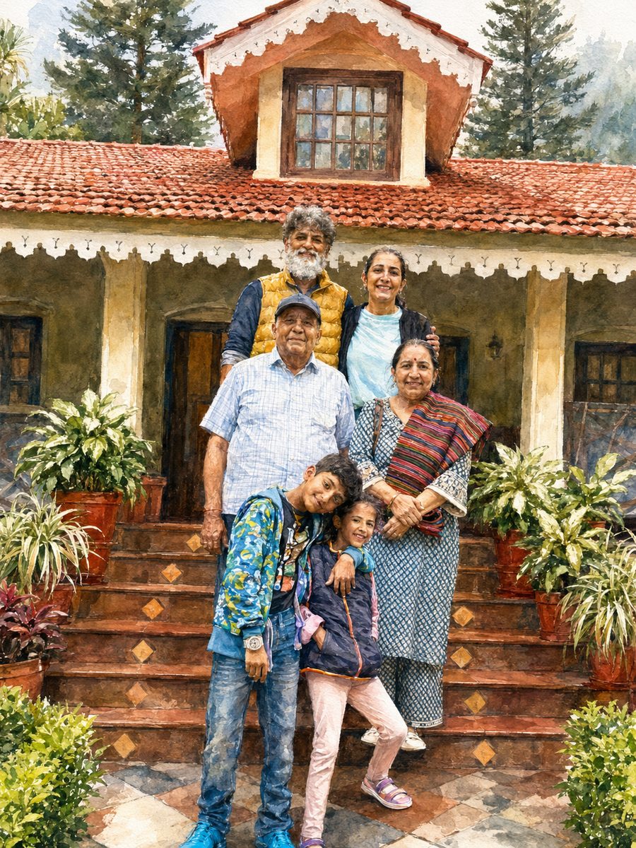 A watercolor of three generations of a family standing together on the steps of a red-roofed hill bungalow, flanked by potted plants