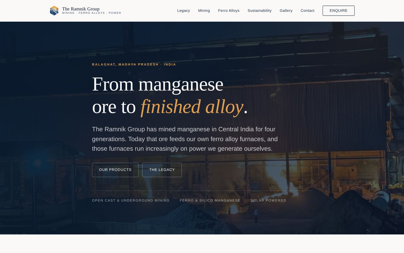 Homepage of theramnikgroup.com — &ldquo;From manganese ore to finished alloy.&rdquo; over a night photograph of the ferro alloy plant in Balaghat