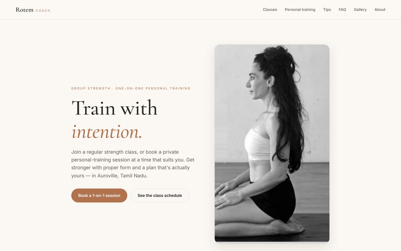 Homepage of rotem.coach — &ldquo;Train with intention.&rdquo; beside a black-and-white photo of Rotem kneeling on a training mat