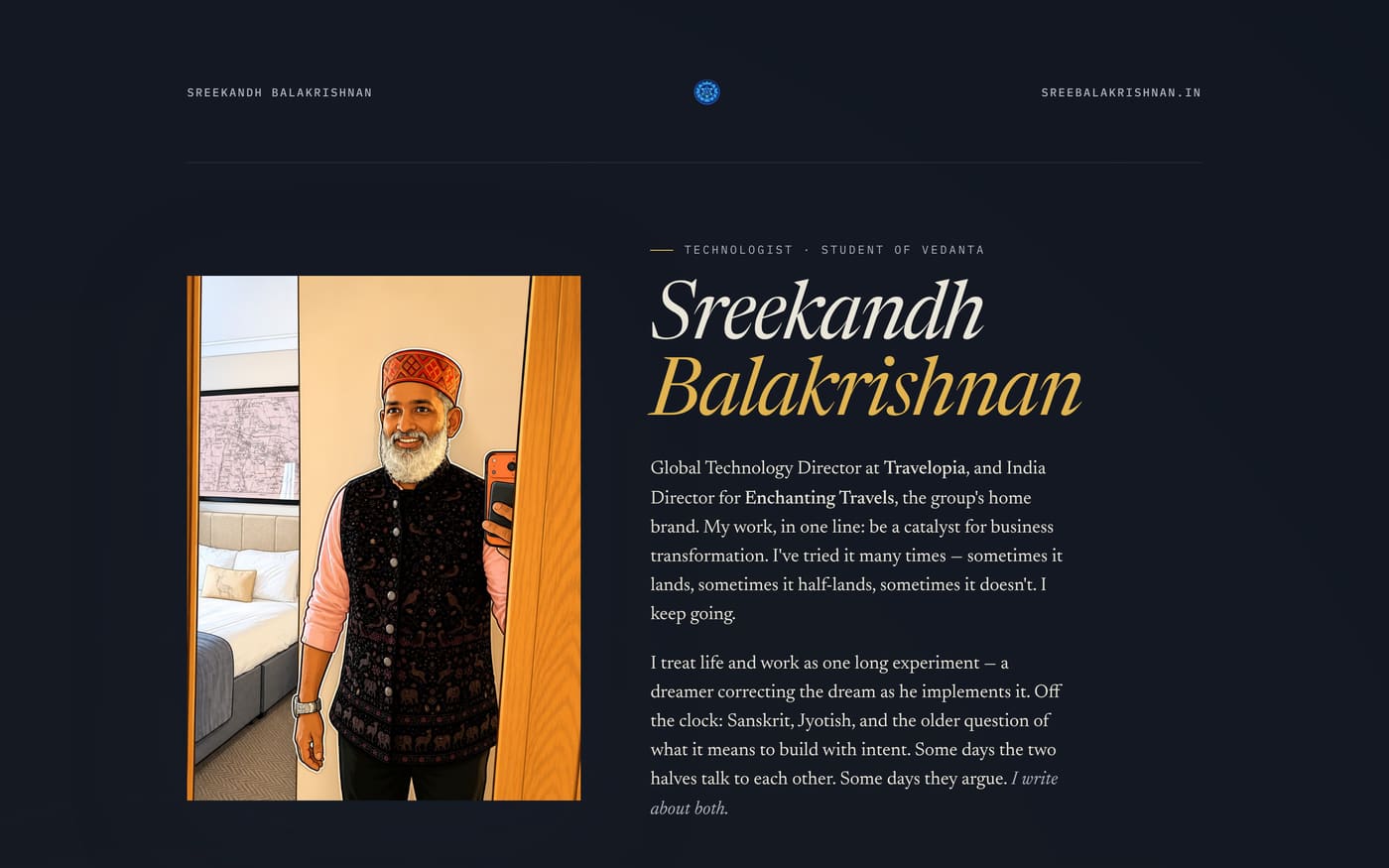 Homepage of sreebalakrishnan.in — night-sky masthead with the name Sreekandh Balakrishnan beside an illustrated mirror self-portrait