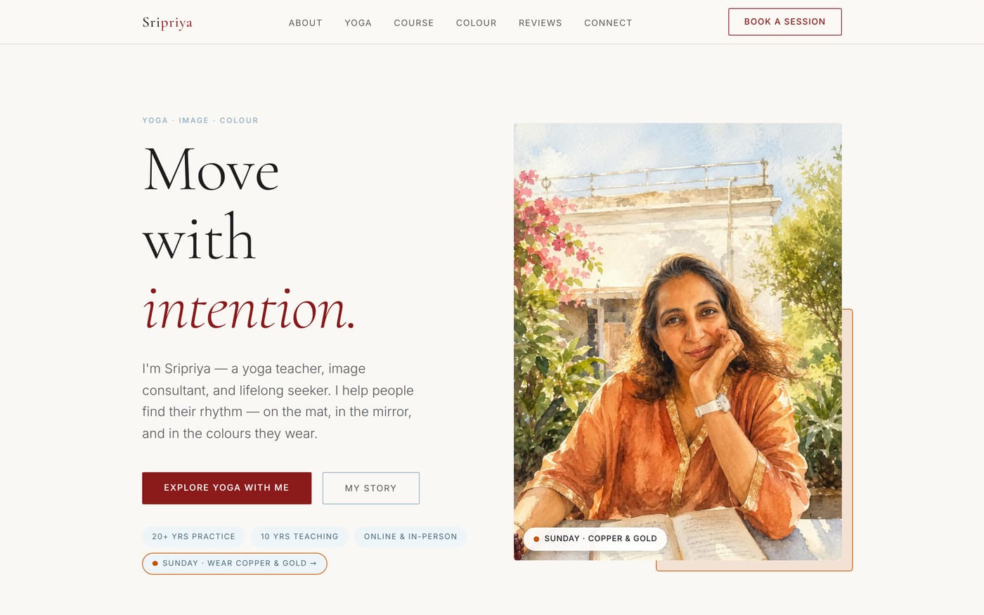 Homepage of sripriya.me — &ldquo;Move with intention.&rdquo; beside a watercolour portrait of Sripriya at her table