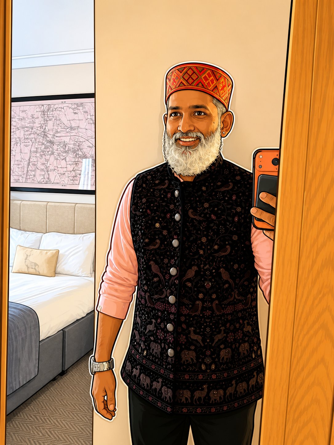 Stylised portrait of Sree Balakrishnan in a Himachali topi and embroidered Nehru jacket