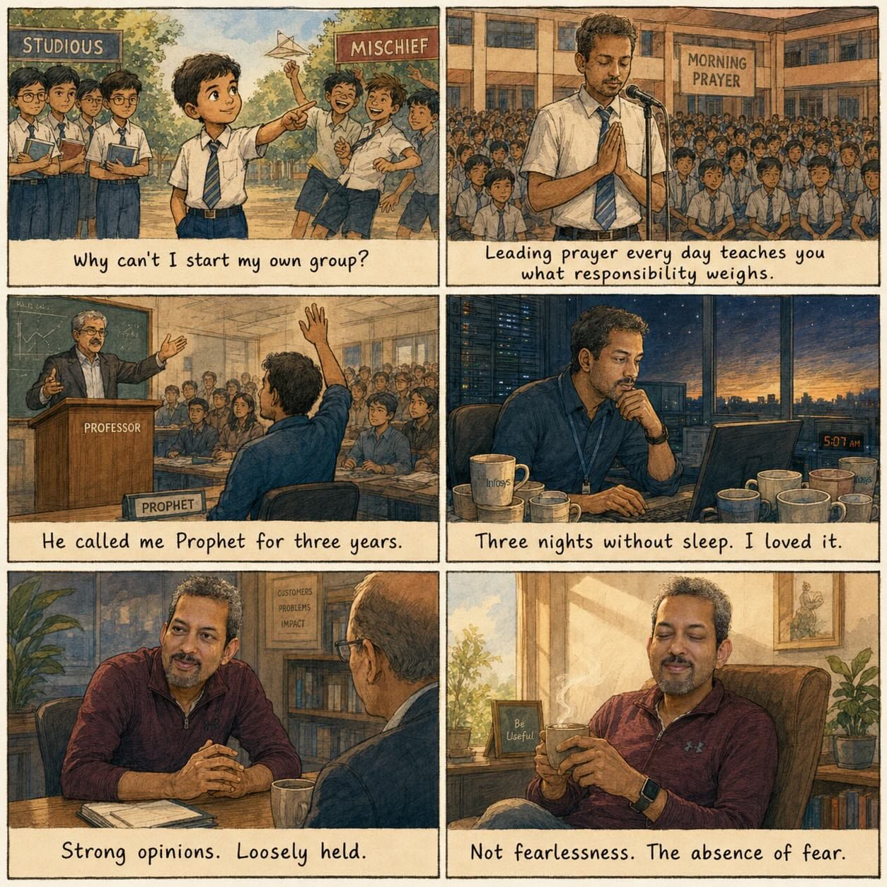 Six-panel comic strip illustrating Rajesh Thiagarajan's career arc: fifth-standard refusal to join either group; leading school prayer; the Prophet professor; late nights at Infosys; strong opinions, loosely held; and not fearlessness, but the absence of fear.